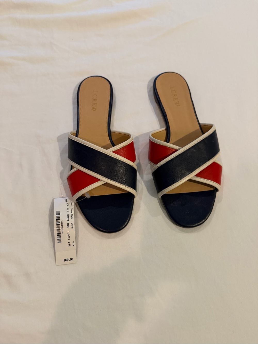 NWT! J. Crew Red, Navy and Cream Crossband Slide Mules. Size 8